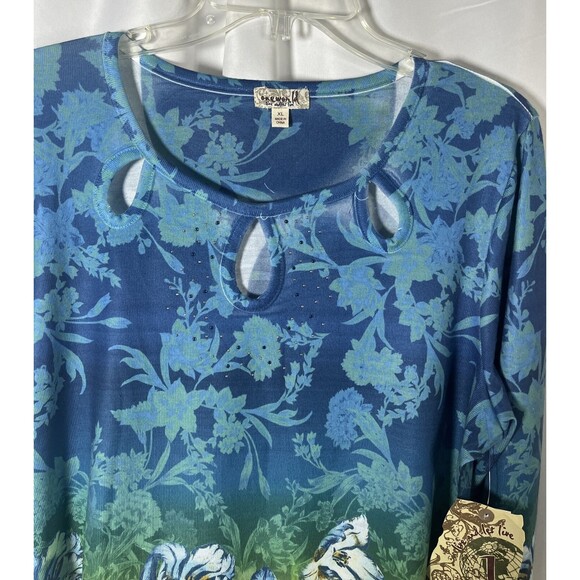 XL One World Blue Floral Woman Top Round Neck - Picture 3 of 8